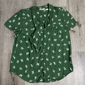 Maeve Anthropologie Adagio M Dog Ruffled Green Blouse Short Sleeve Button